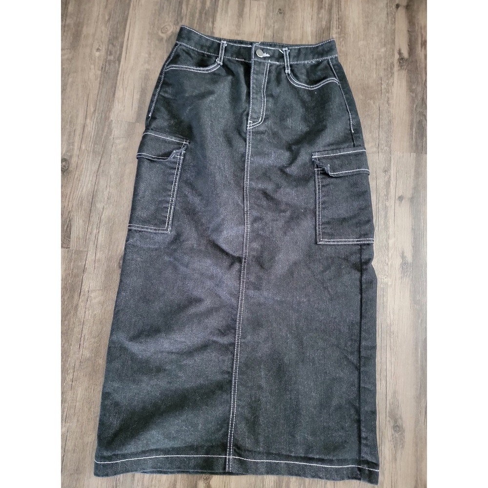Syndrome‎ Black Denim Cargo Maxi Skirt Contrast Stitch High Waist Long Skirt